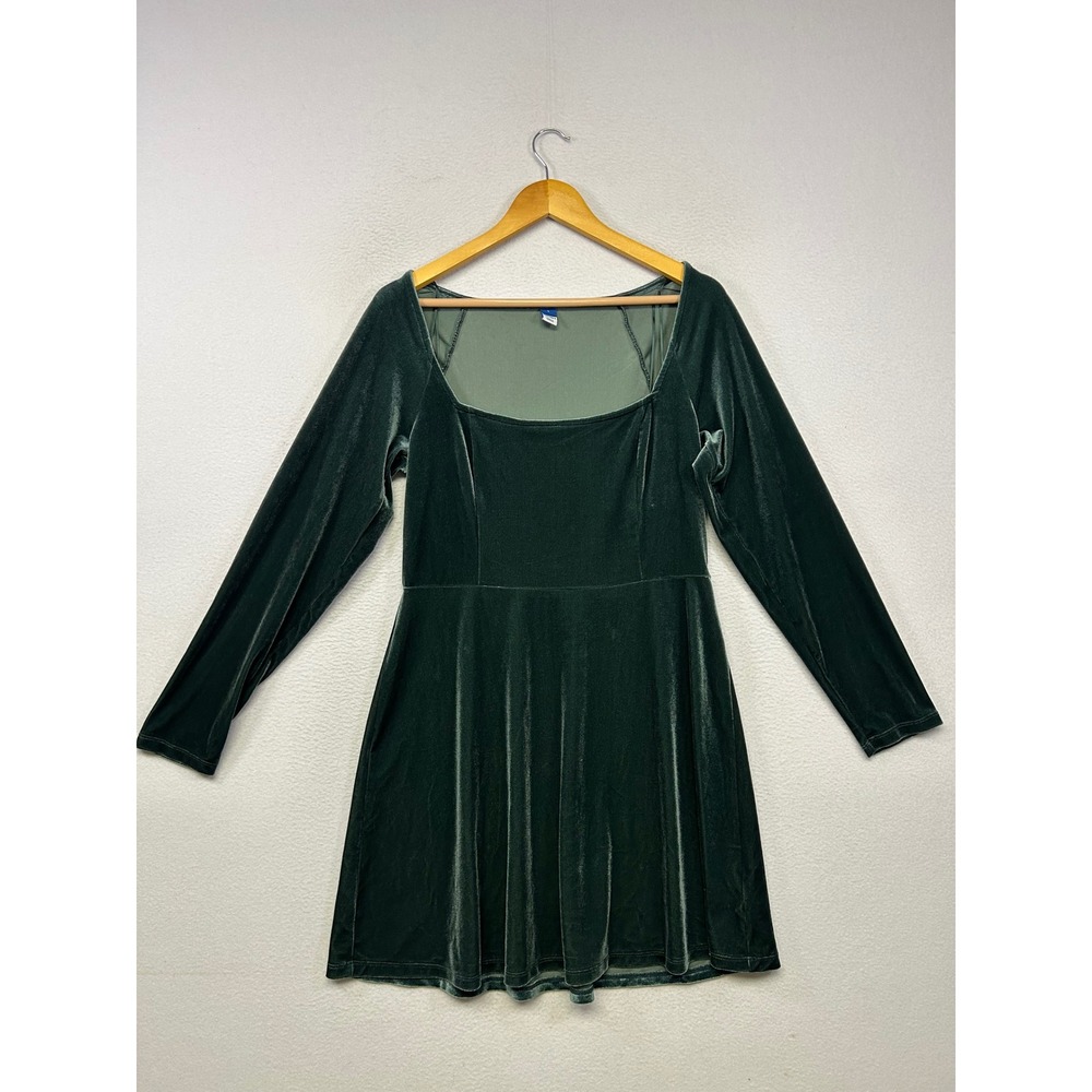 Holiday Velvet Old Navy Women L Green Square Neck Long Sleeve Fit Flare Dress